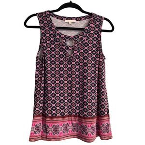 Sage and Sky Geometric Print Sleeveless V Neck Crisscross Neckline Top Medium